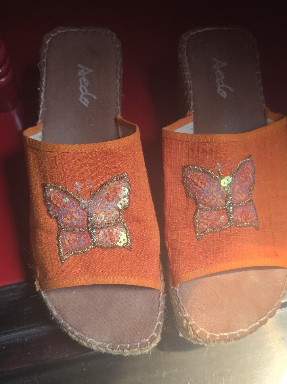 Orange Sequined Sparkly Butterfly Espadrille Cloth Sandals Size 9